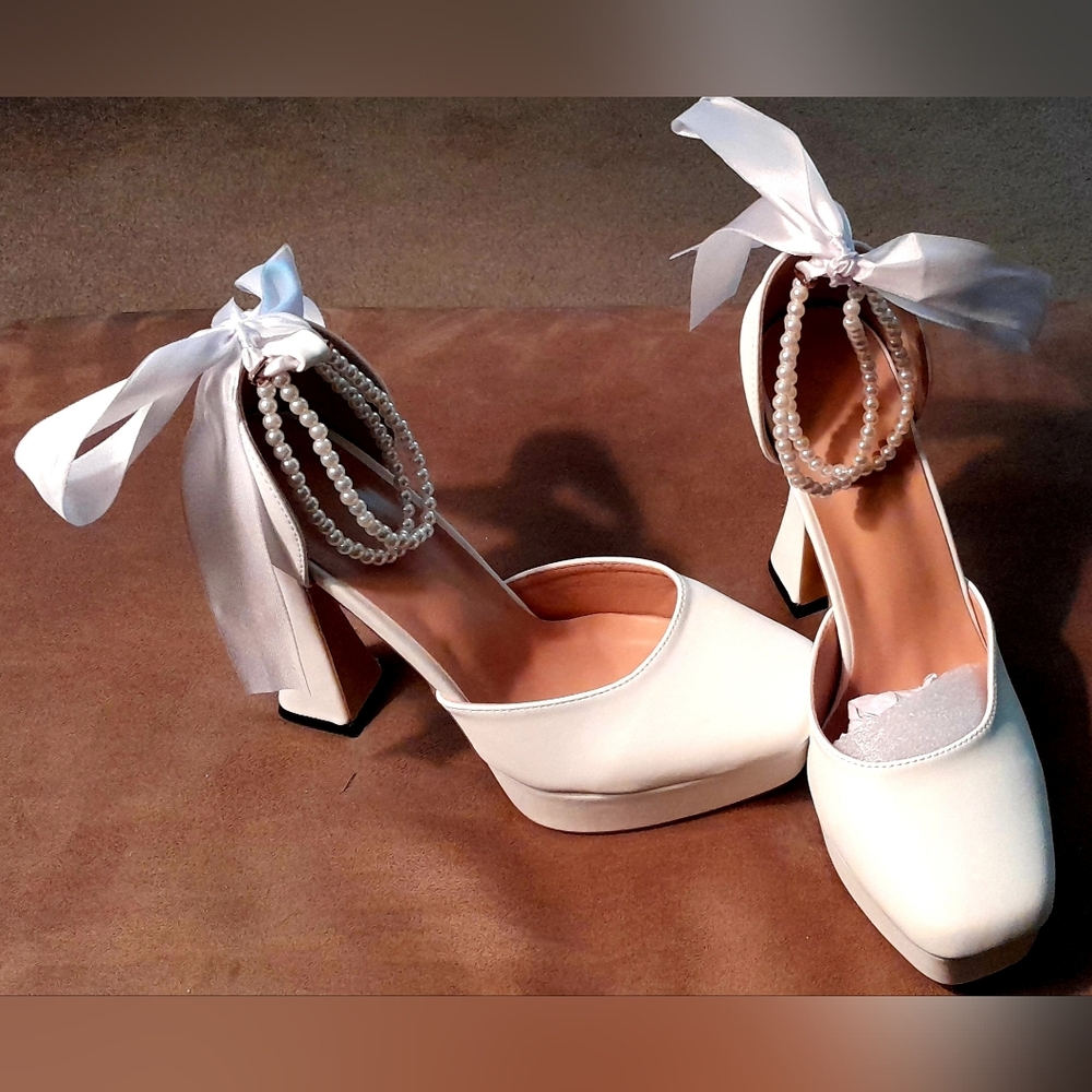 Elegant 5 Inch White Women's Shoes with Pearl Accents